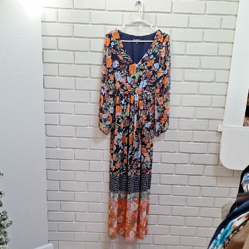I-N-C Floral Boho Long Sheer Sleeve Tie Back Maxi Dress. Size 6 NWT